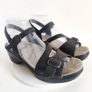 Dansko Sandals Womens Size 39 9 Metallic Black Leather Strappy Open Toe Clogs